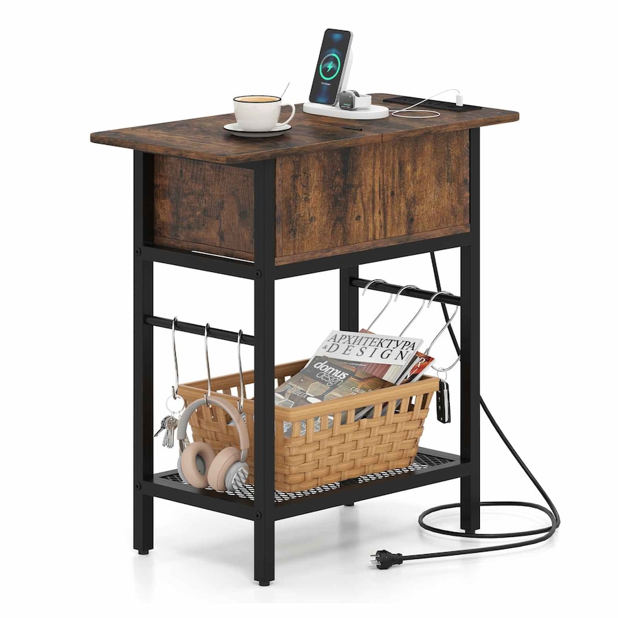 Costway End Table Industrial Bedside Table w/Charging Station S Hooks Sofa Side Table Shelf Nightstand Bedroom Living