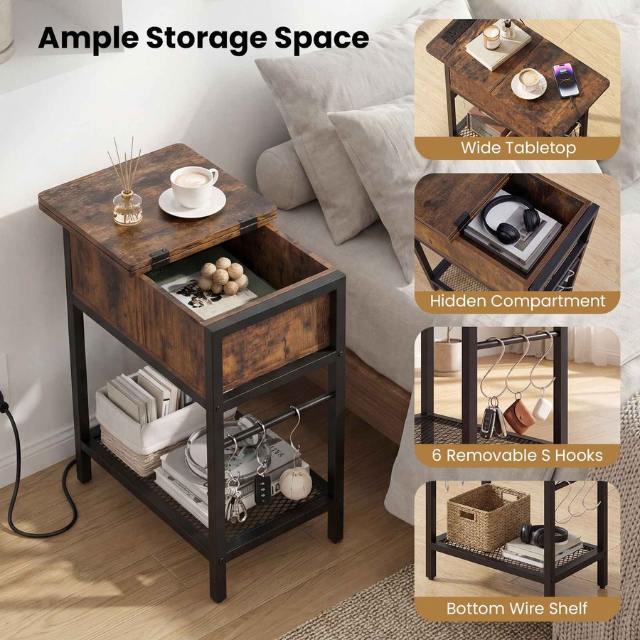 Costway End Table Industrial Bedside Table w/Charging Station S Hooks Sofa Side Table Shelf Nightstand Bedroom Living