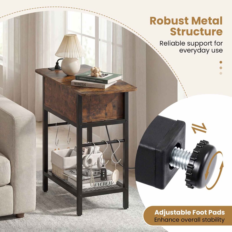 Costway End Table Industrial Bedside Table w/Charging Station S Hooks Sofa Side Table Shelf Nightstand Bedroom Living