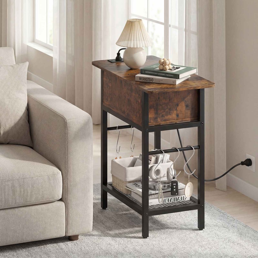 Costway End Table Industrial Bedside Table w/Charging Station S Hooks Sofa Side Table Shelf Nightstand Bedroom Living