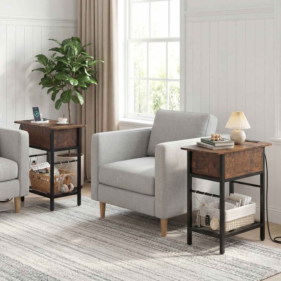 Costway End Table Industrial Bedside Table w/Charging Station S Hooks Sofa Side Table Shelf Nightstand Bedroom Living