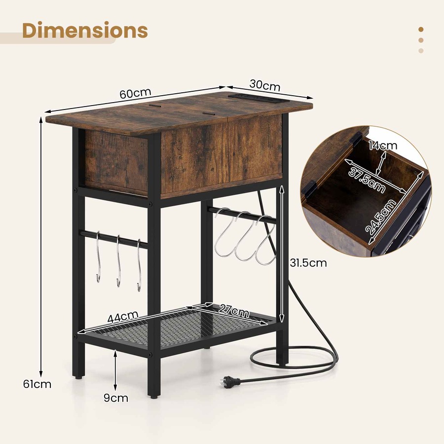 Costway End Table Industrial Bedside Table w/Charging Station S Hooks Sofa Side Table Shelf Nightstand Bedroom Living