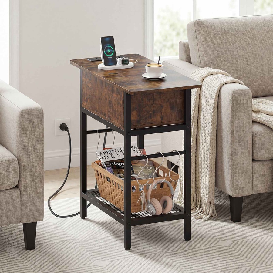 Costway End Table Industrial Bedside Table w/Charging Station S Hooks Sofa Side Table Shelf Nightstand Bedroom Living