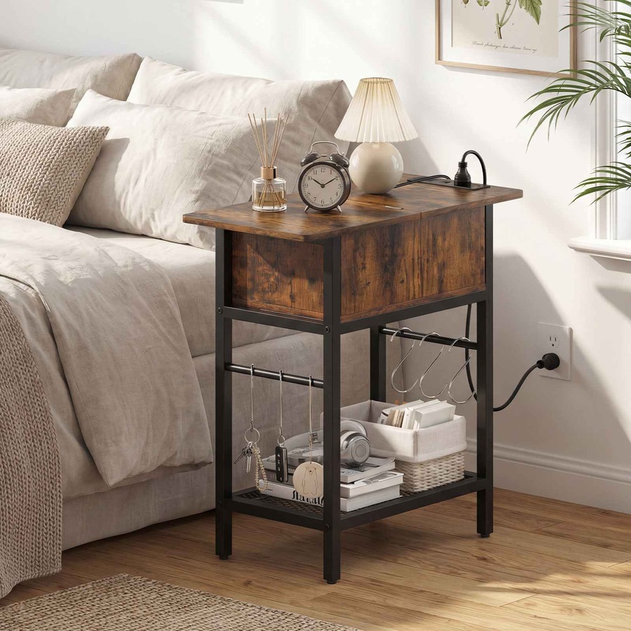 Costway End Table Industrial Bedside Table w/Charging Station S Hooks Sofa Side Table Shelf Nightstand Bedroom Living
