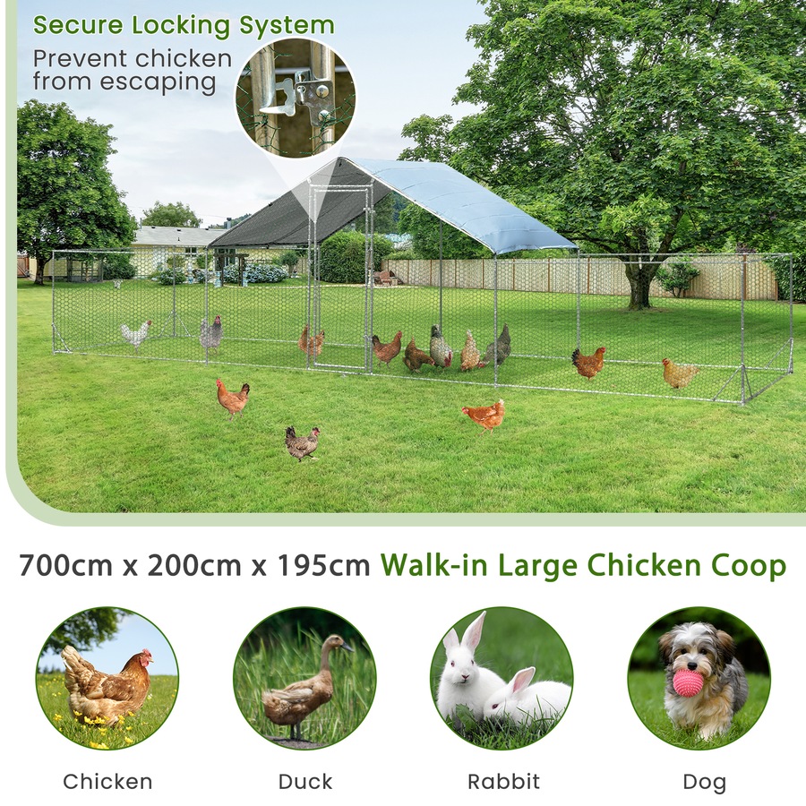 Costway Large Chicken Coop 7x2x1.95M Walk-in Cage Run Metal Poultry Hutch All Weather w/Cover