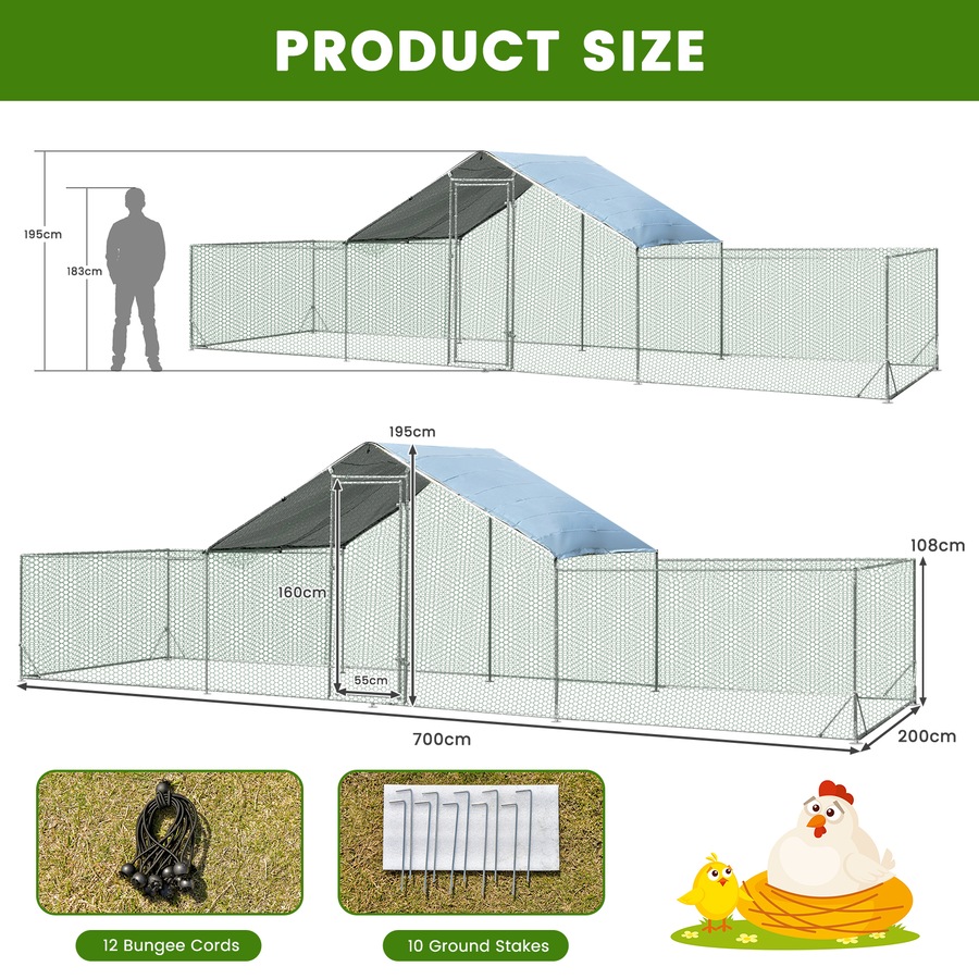 Costway Large Chicken Coop 7x2x1.95M Walk-in Cage Run Metal Poultry Hutch All Weather w/Cover