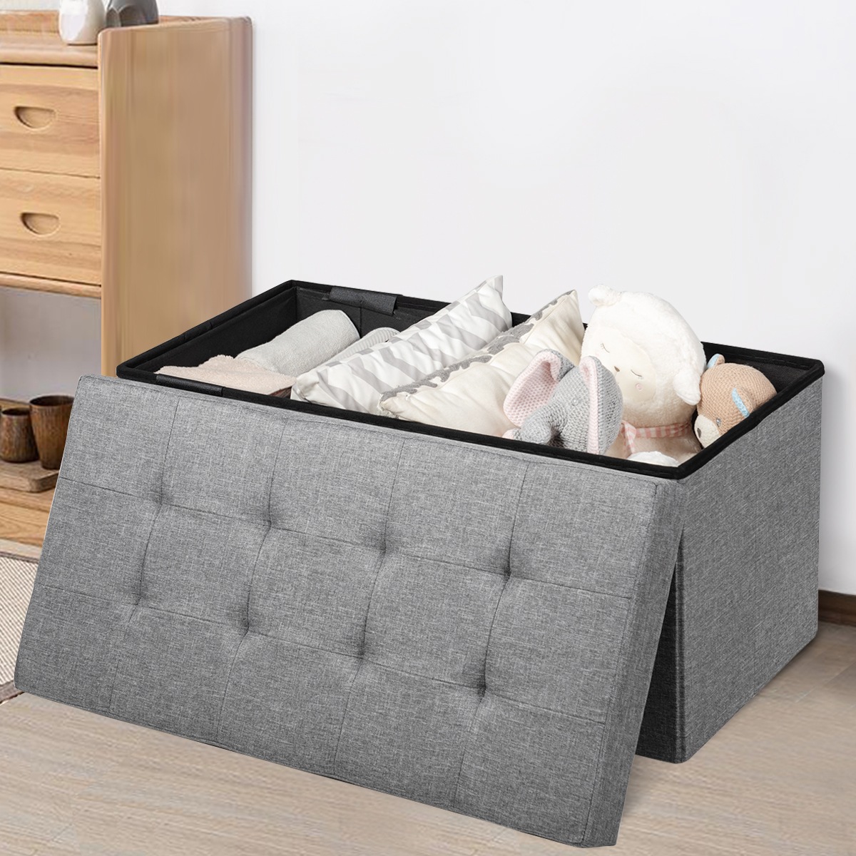 Buy Costway Fabric Foldable Storage Ottoman Bench Footrest Stool ...
