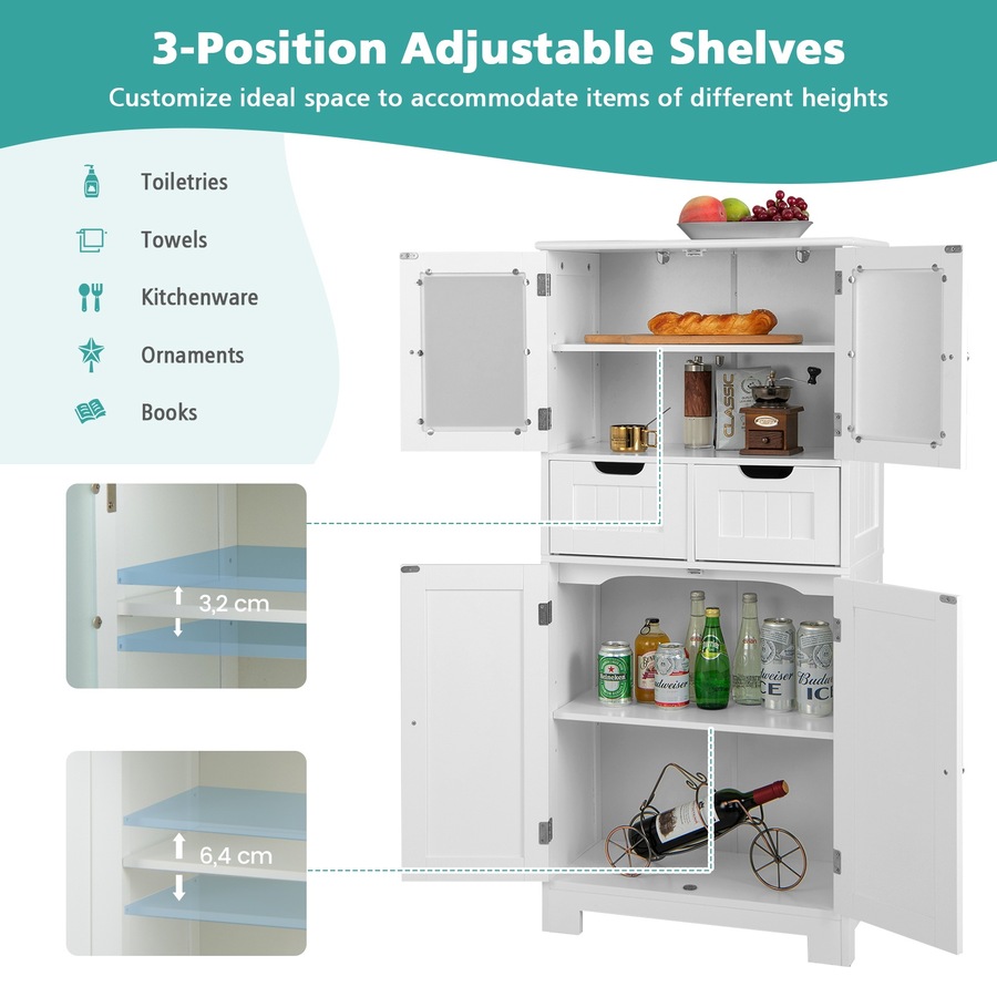 Costway Floor Storage Cabinet Kitchen Pantry Cupboard Multifunctional Organizer w/3-position Shelves & 2 Drawers White