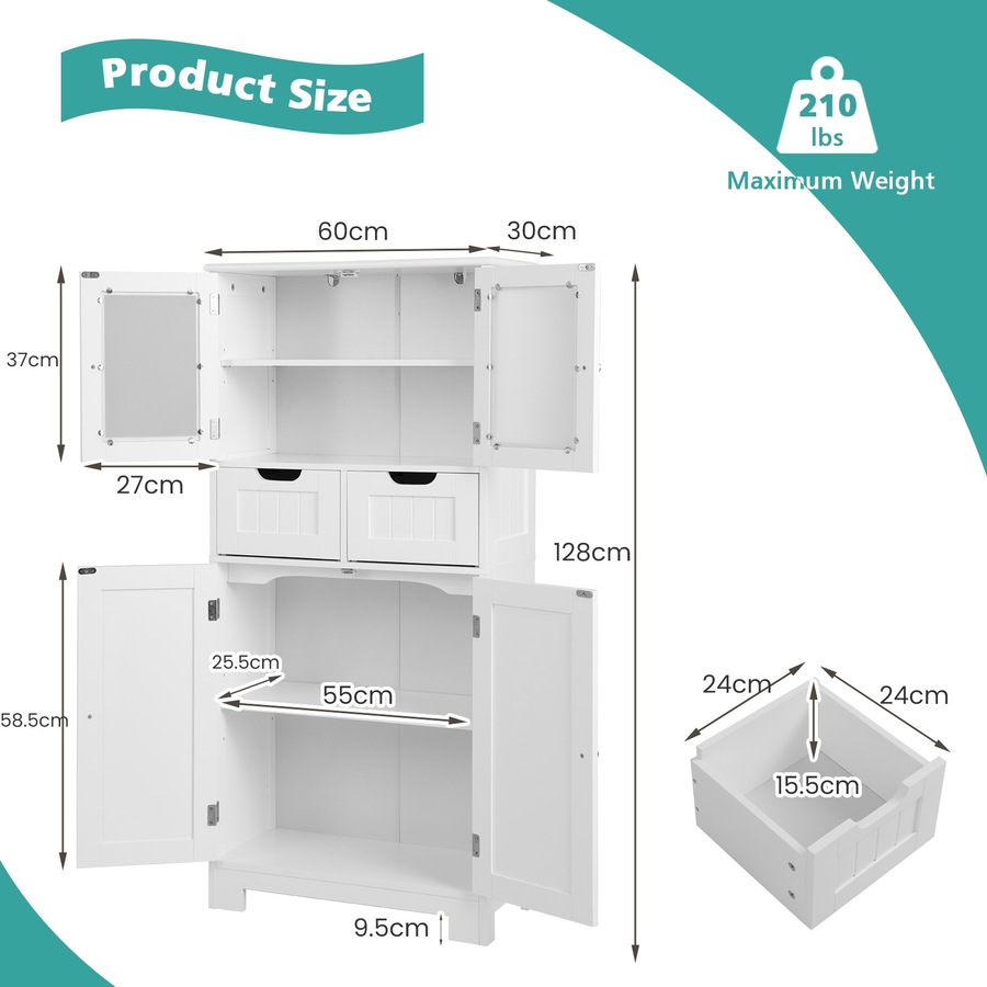 Costway Floor Storage Cabinet Kitchen Pantry Cupboard Multifunctional Organizer w/3-position Shelves & 2 Drawers White
