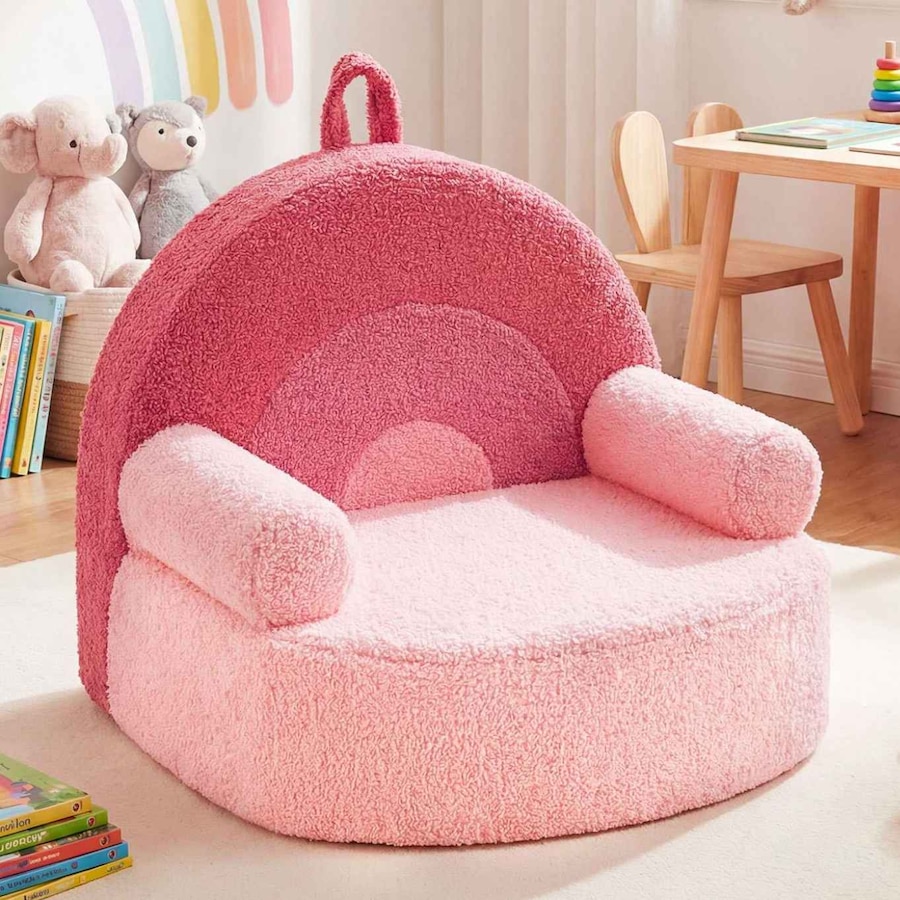 Costway Foam Couch Sofa Rainbow Small Cute Reading Chair Teddy Fleece Fabric Washable Cover Furniture Gift Pink