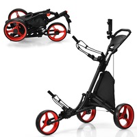 Costway Foldable Golf Buggy Trolley 3 Wheels Golf Club Push Cart Adjustable w/Storage Bag & Umbrella Holder Red