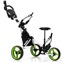 Costway Foldable Golf Buggy Trolley 3 Wheels Golf Club Push Cart w/Seat/Bag/Umbrella Holder Green