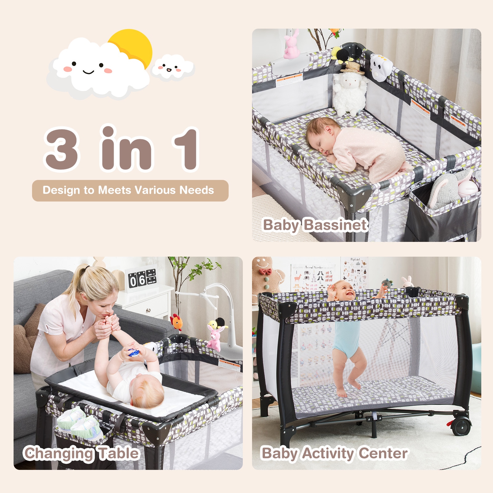 Costway Foldable Travel Cot Baby Crib Playpen Infant Bassinet Bed ...