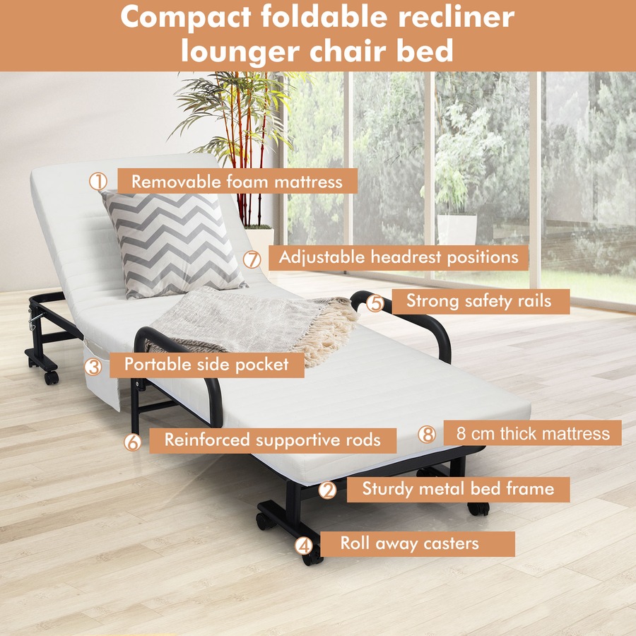 Costway Folding Guest Bed w/Mattress & Storage Bag Home Camping White