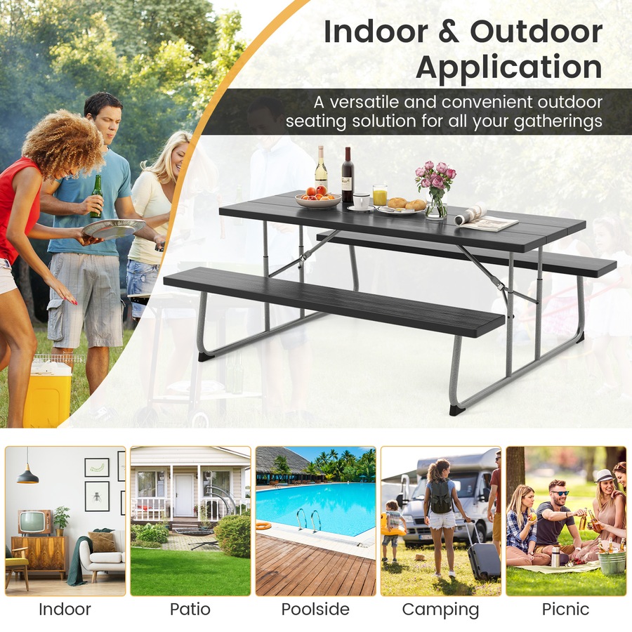 Costway Folding Picnic Table Bench Set 8-Person Outdoor Dining Table All-weather Camping Table Set Black