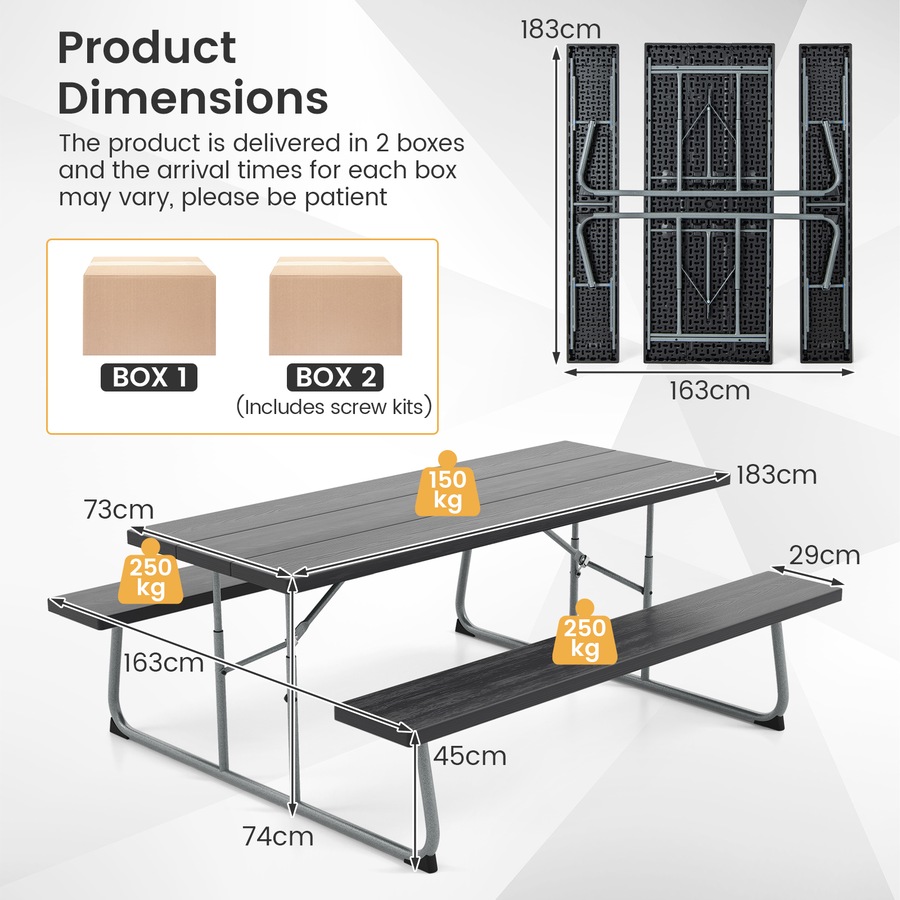 Costway Folding Picnic Table Bench Set 8-Person Outdoor Dining Table All-weather Camping Table Set Black