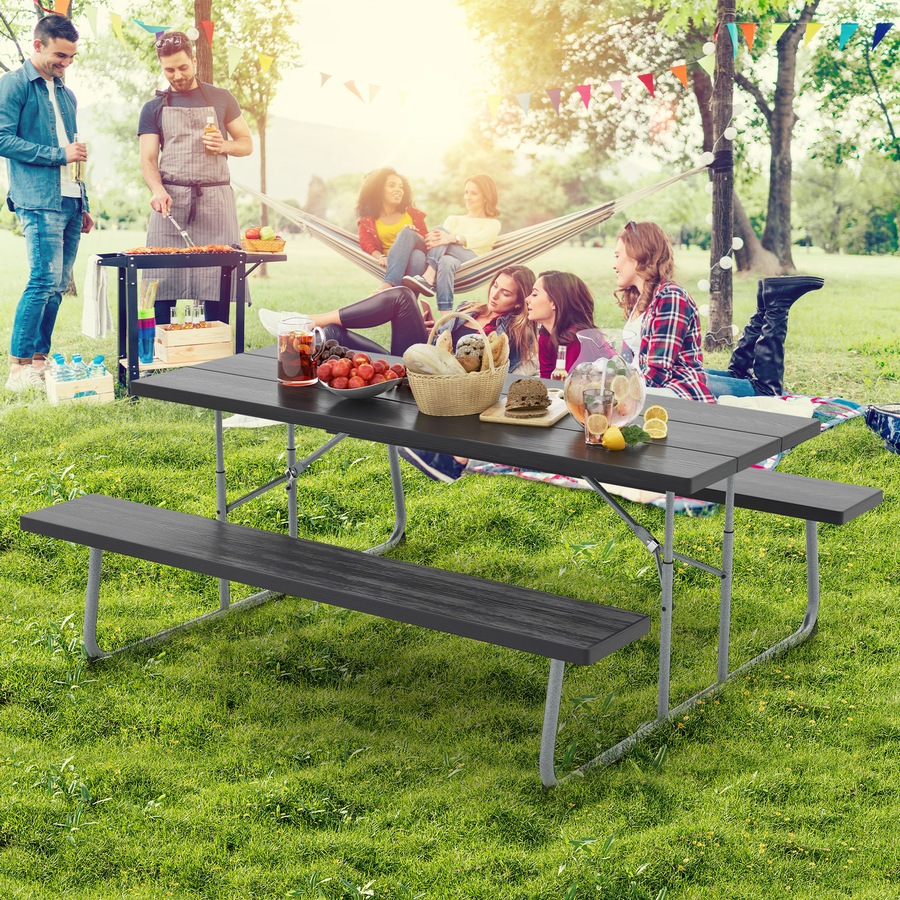 Costway Folding Picnic Table Bench Set 8-Person Outdoor Dining Table All-weather Camping Table Set Black