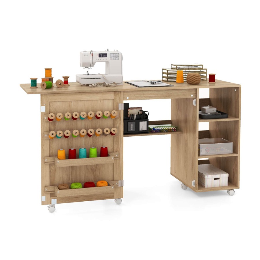 Buy Costway Folding Sewing Table w/Rattan Door & Lockable Rolling ...