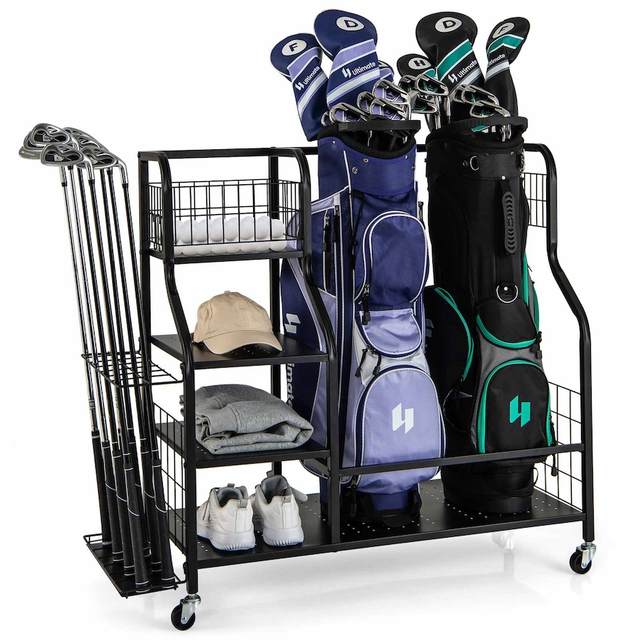 Costway Golf Bag Storage Garage Organizer Stand Fits 2Bags Golf Club Rack Holder 6Hook Lockable Wheels Accessories