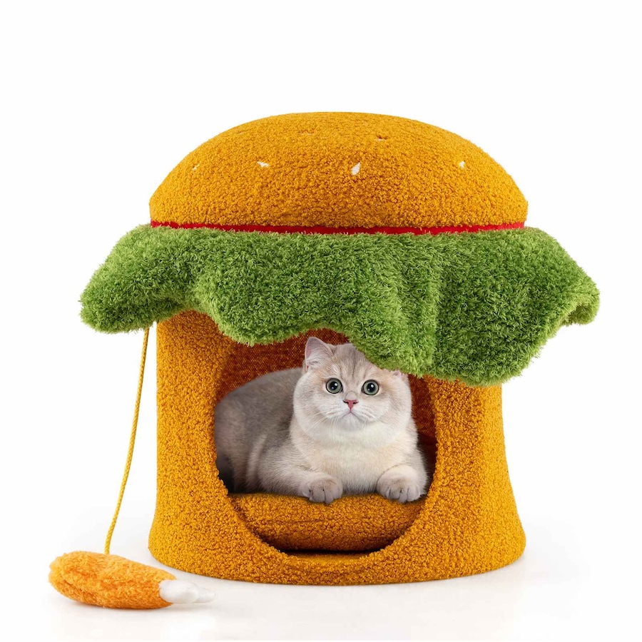 Costway Hamburger-Shaped Cat Condo Pet Bed Cave Indoor Small Kitten House Furniture w/Padded Top Perch Orange