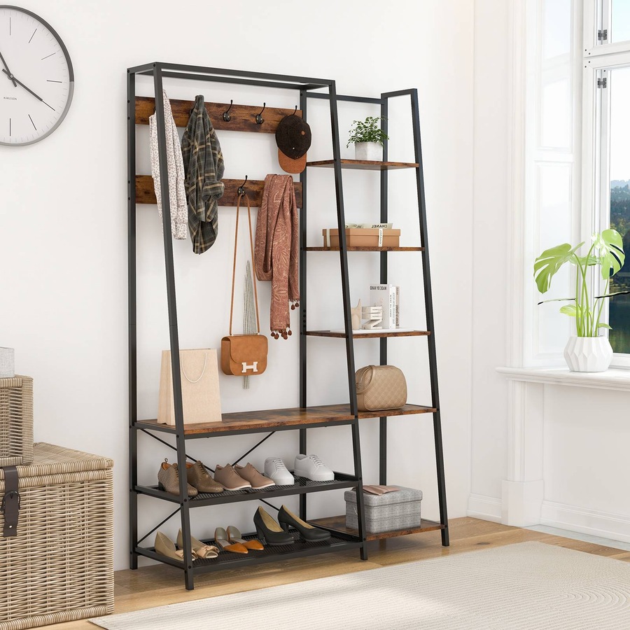 Buy Costway Industrial Coat Rack Shoe Bench w/Open Storage Shelf ...