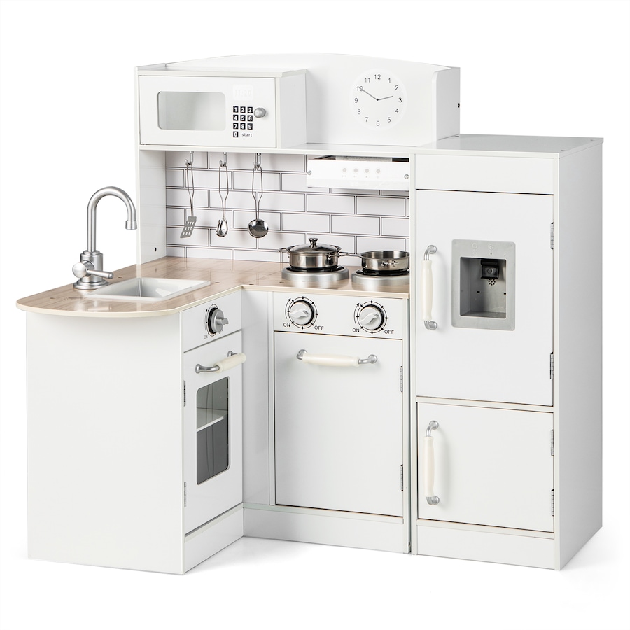 Costway Corner Kitchen Playset Wood Pretend Cooking Toys Play Sets w/Sound Effects Cookware Fridge Gift
