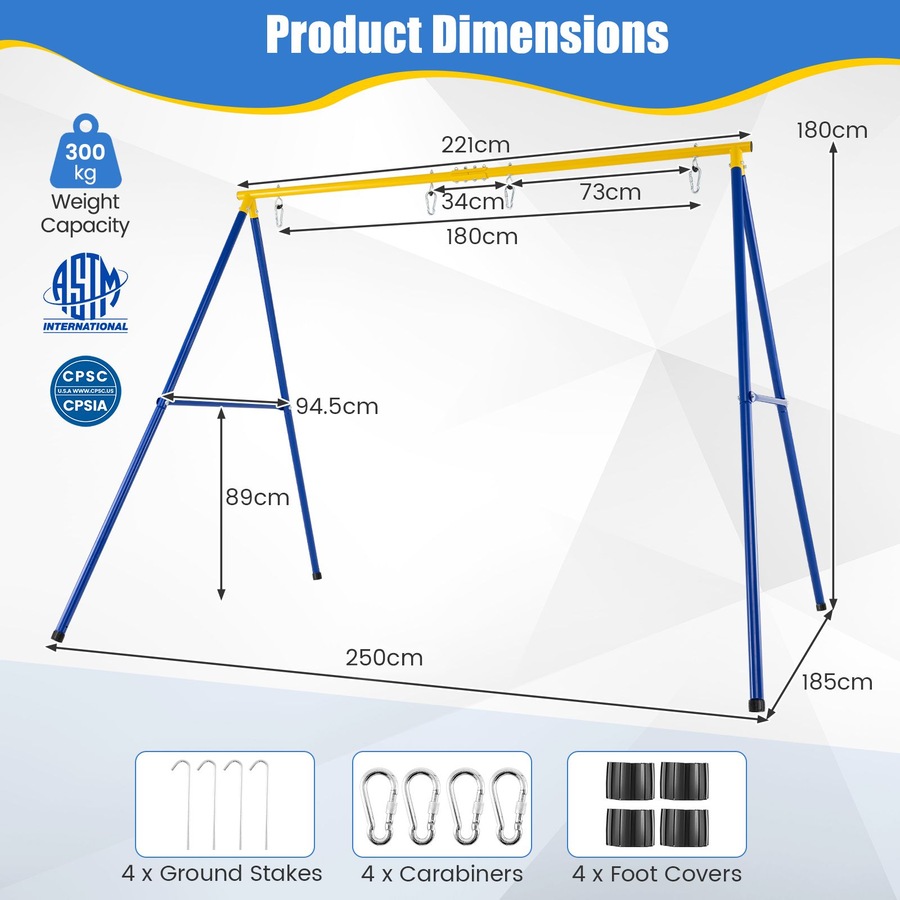 A-Frame Swing Stand for 2 Swings 300kg Heavy Duty Metal Swing Set w/Ground Stakes Large Swing Frame Stand