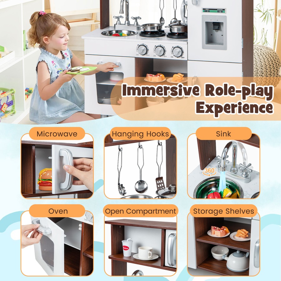 Costway Kitchen Play Set Pretend Play Toys Wooden Cooking Accessories w/ Realistic Sounds & Lights