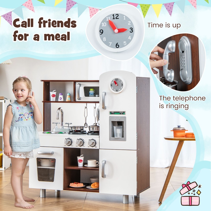 Costway Kitchen Play Set Pretend Play Toys Wooden Cooking Accessories w/ Realistic Sounds & Lights