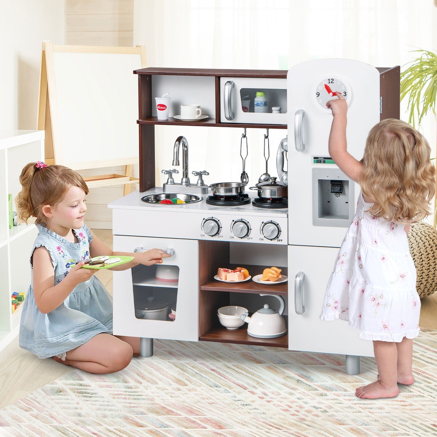 Costway Kitchen Play Set Pretend Play Toys Wooden Cooking Accessories w/ Realistic Sounds & Lights