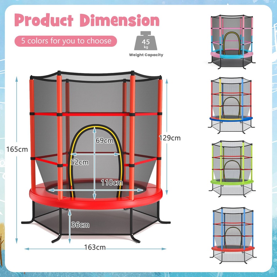 Costway 5.3FT Trampoline Bouncer Jumping Trampolines Indoor Outdoor Gift w/Enclosure Net Security Pad Max Load 45kg Red