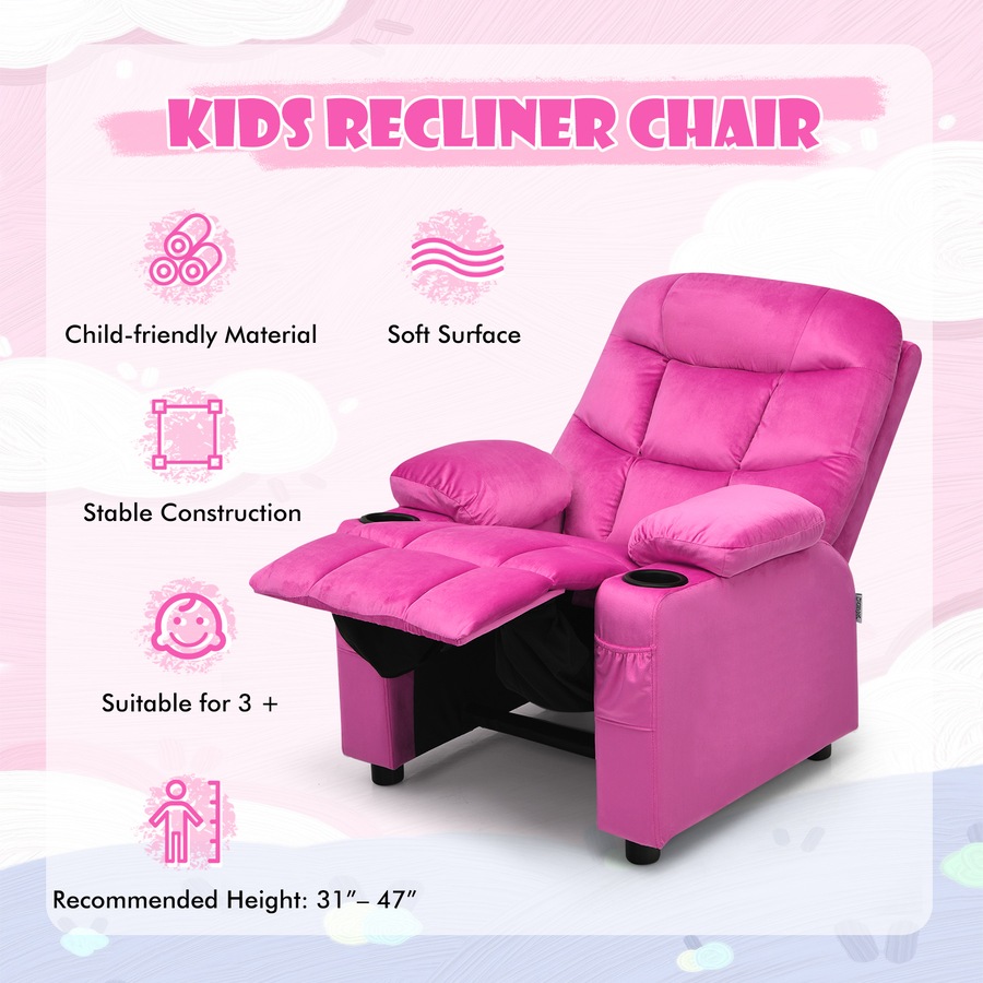 Costway Velvet Fabric AdjustableArmchair Recliner Chair w/Cup Holders & Side Pockets Couch Sofa Lounge Pink