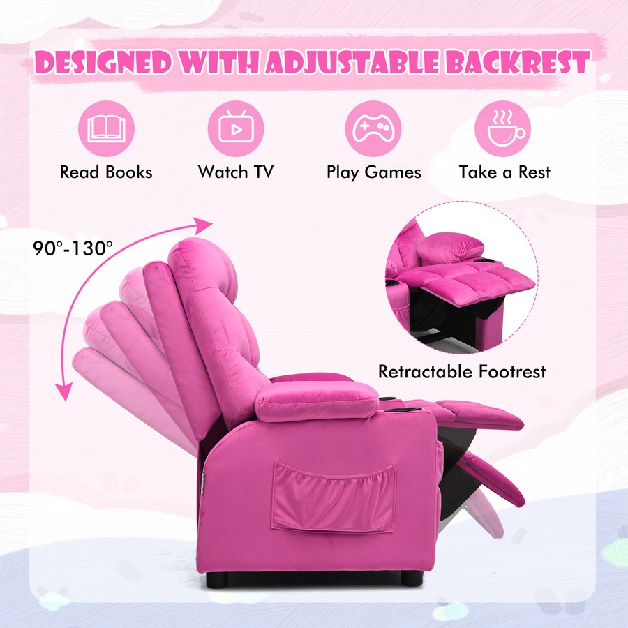 Costway Velvet Fabric AdjustableArmchair Recliner Chair w/Cup Holders & Side Pockets Couch Sofa Lounge Pink