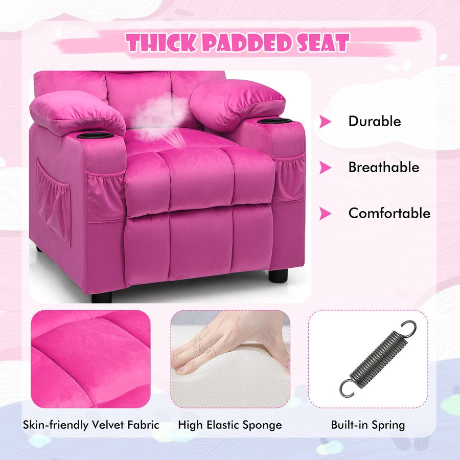 Costway Velvet Fabric AdjustableArmchair Recliner Chair w/Cup Holders & Side Pockets Couch Sofa Lounge Pink