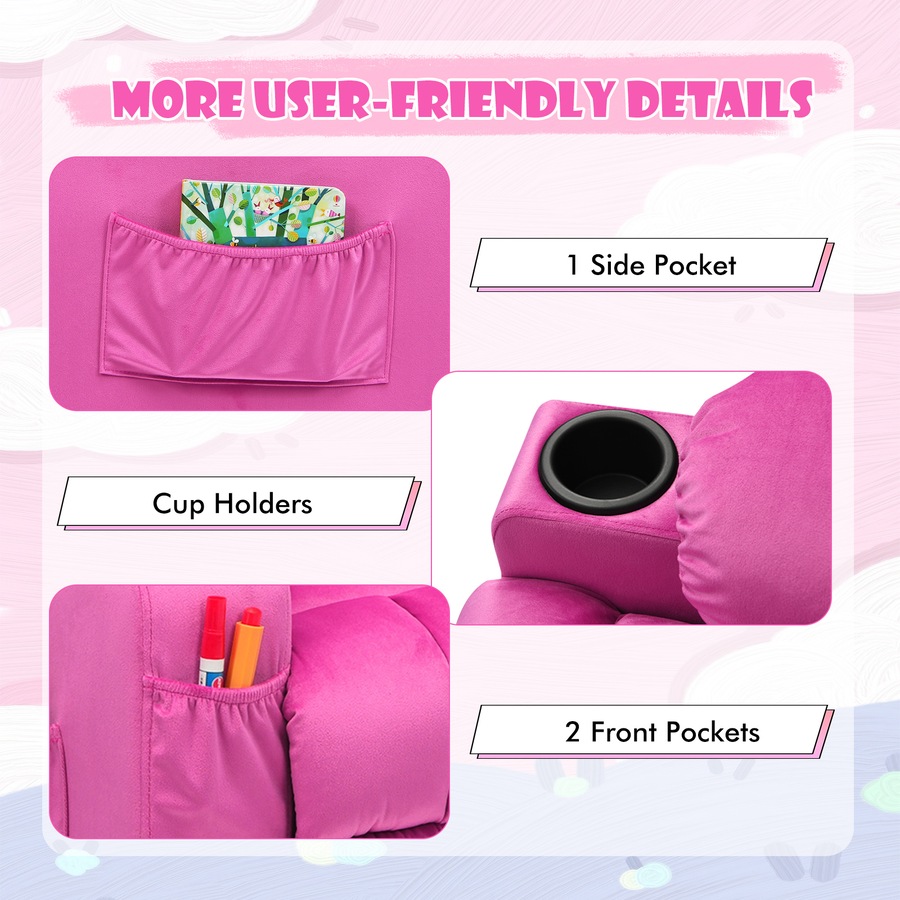 Costway Velvet Fabric AdjustableArmchair Recliner Chair w/Cup Holders & Side Pockets Couch Sofa Lounge Pink
