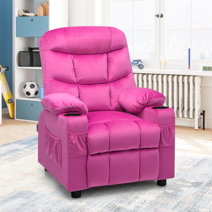 Costway Velvet Fabric AdjustableArmchair Recliner Chair w/Cup Holders & Side Pockets Couch Sofa Lounge Pink