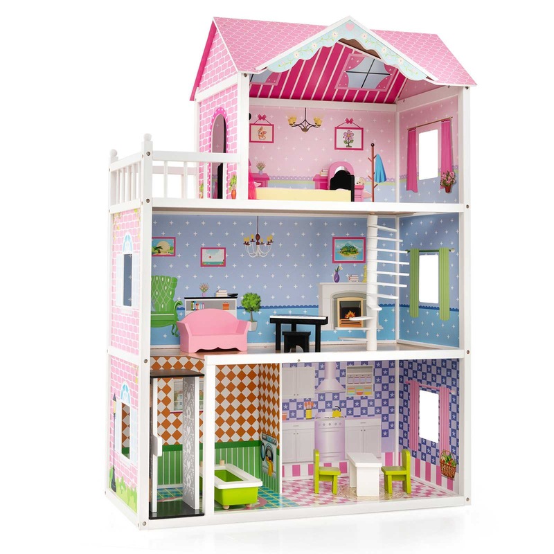 Buy Costway 3-Floor Pretend Play Dollhouse Kids Wooden Dollhouse w/ 5 ...