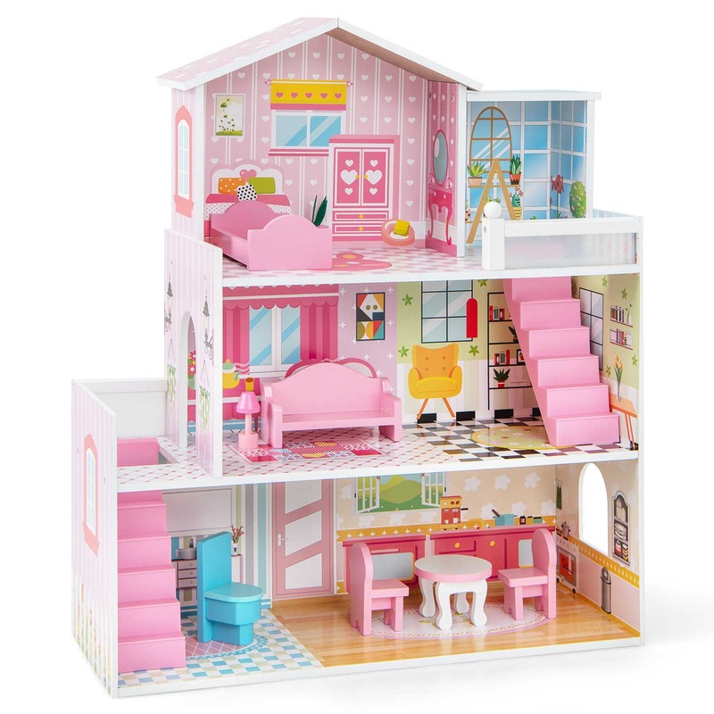 Buy Costway 3Story Pretend Play Dollhouse Kids Wooden Dollhouse w