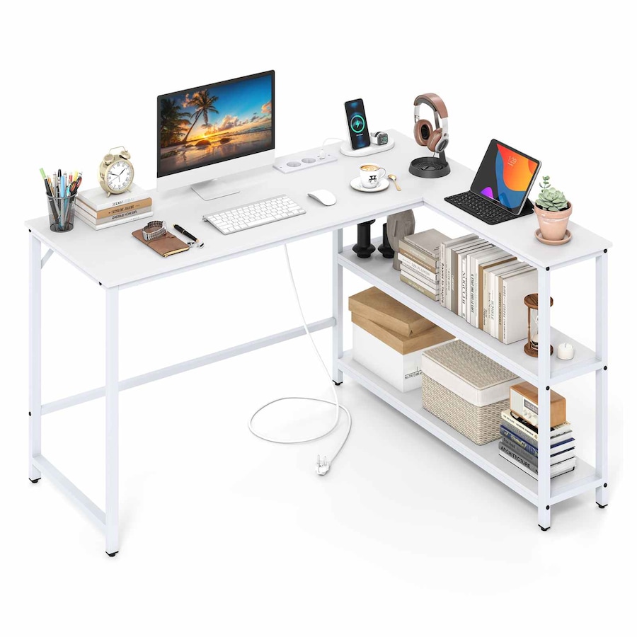 Costway L Computer Desk Storage Shelves Modern Study Writing Table w/Charging Station Corner Metal Office Gaming
