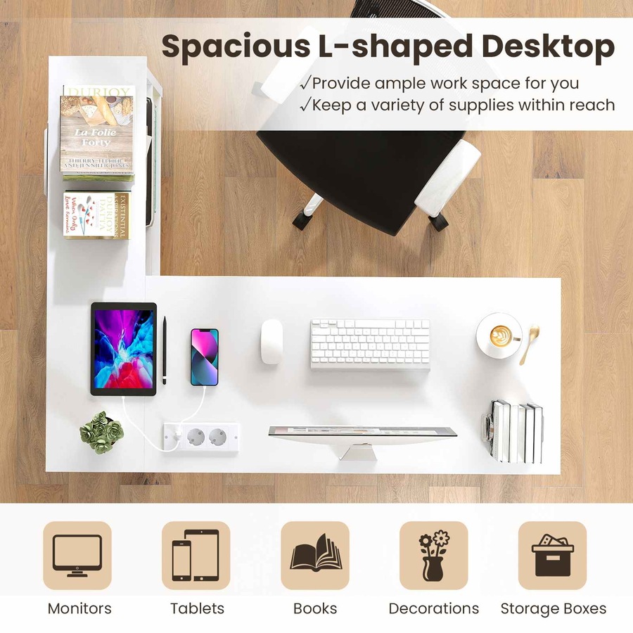 Costway L Computer Desk Storage Shelves Modern Study Writing Table w/Charging Station Corner Metal Office Gaming