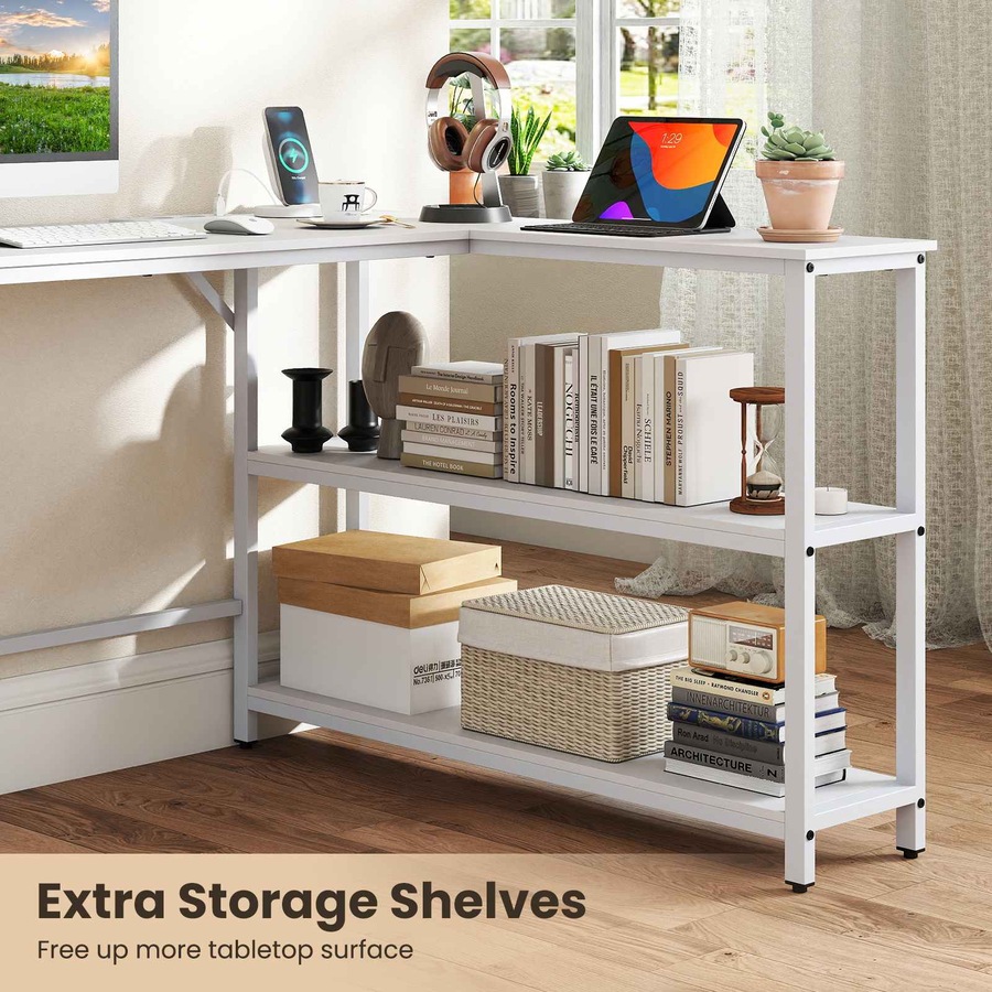 Costway L Computer Desk Storage Shelves Modern Study Writing Table w/Charging Station Corner Metal Office Gaming