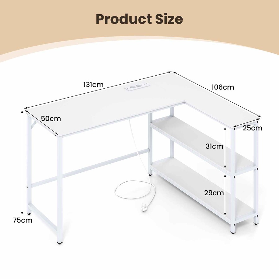 Costway L Computer Desk Storage Shelves Modern Study Writing Table w/Charging Station Corner Metal Office Gaming