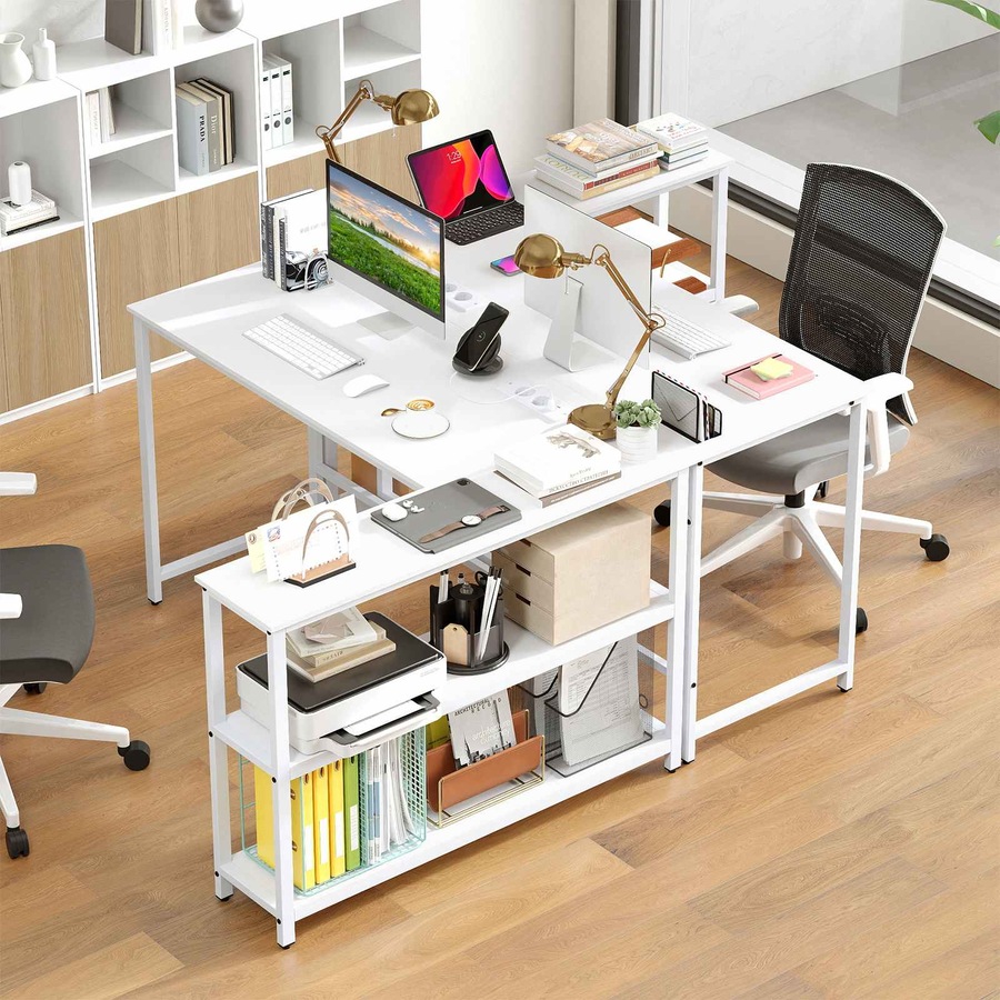 Costway L Computer Desk Storage Shelves Modern Study Writing Table w/Charging Station Corner Metal Office Gaming