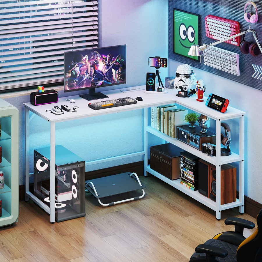 Costway L Computer Desk Storage Shelves Modern Study Writing Table w/Charging Station Corner Metal Office Gaming
