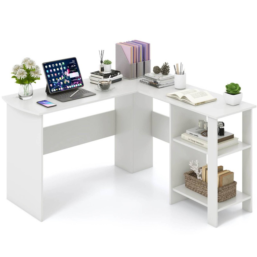 Costway L-shaped Computer Desk 130cm Modern Home Office Writing Table Workstation w/2 Cable Hole & 2 Storage Shelf