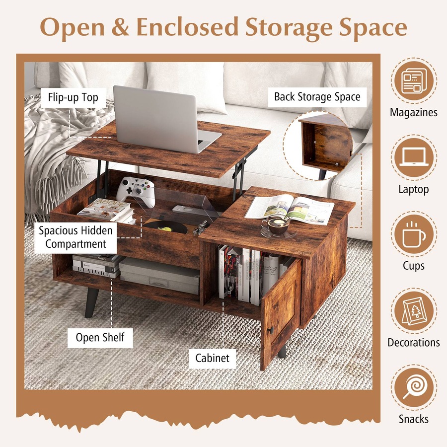 Costway Lift-Top Coffe Table Wooden Coffee Table Hidden Storage Cabinet Coffee