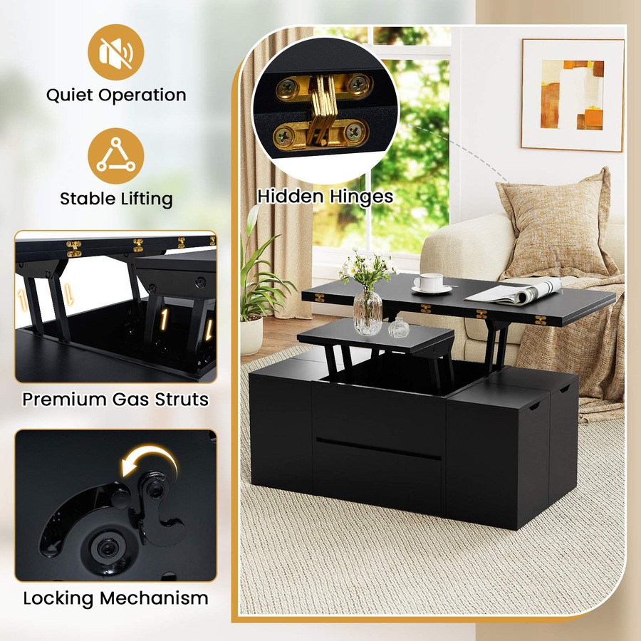 Costway Lift Top Coffee Table w/4 Storage Stool 3 in 1 Expandable Center Table Cocktail Table Dining Table Black