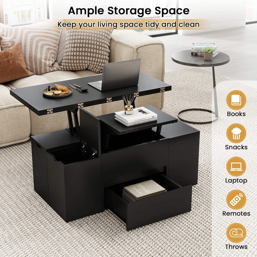 Costway Lift Top Coffee Table w/4 Storage Stool 3 in 1 Expandable Center Table Cocktail Table Dining Table Black