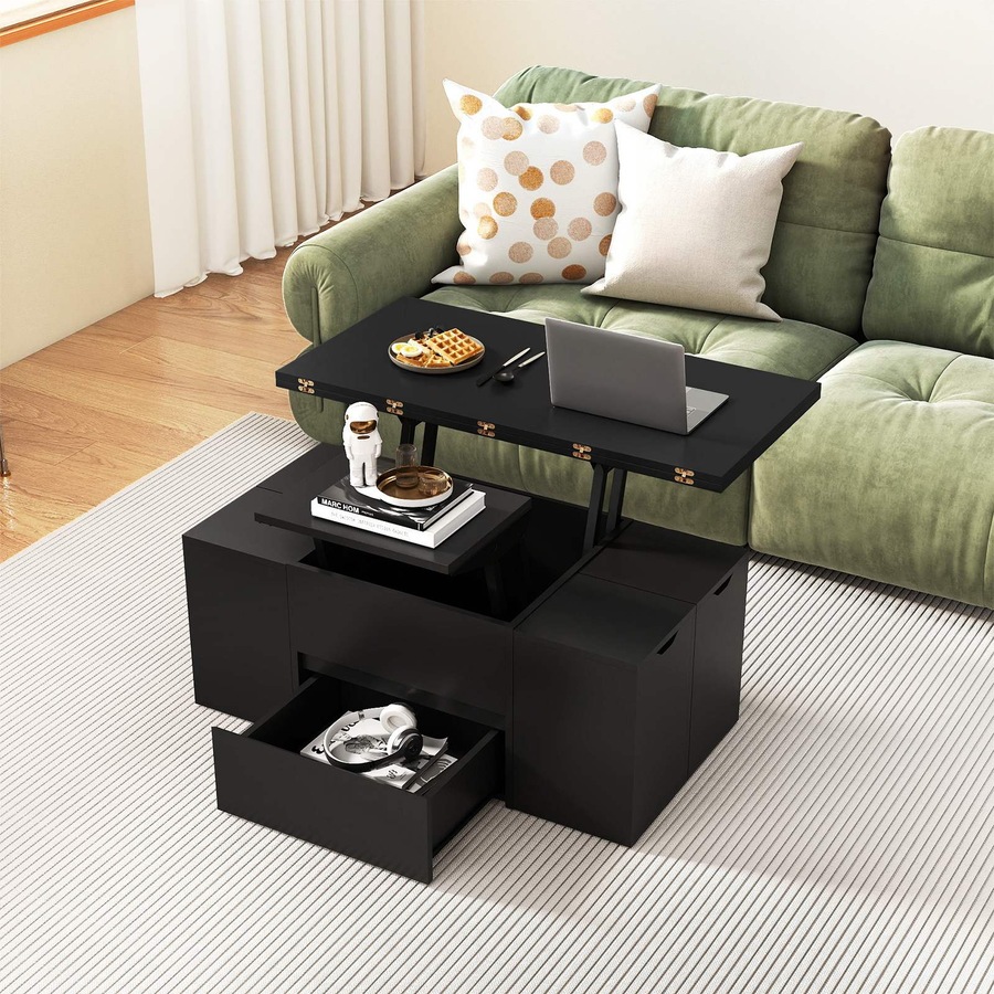 Costway Lift Top Coffee Table w/4 Storage Stool 3 in 1 Expandable Center Table Cocktail Table Dining Table Black