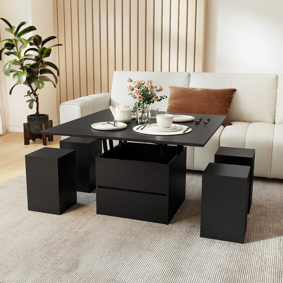 Costway Lift Top Coffee Table w/4 Storage Stool 3 in 1 Expandable Center Table Cocktail Table Dining Table Black